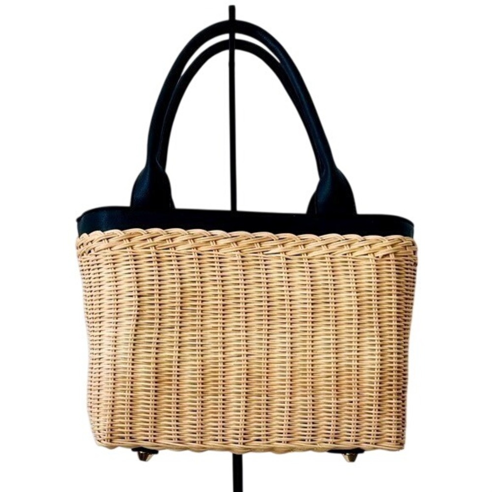 Basket Tote Purse Natural Woven Rattan with Black Trim